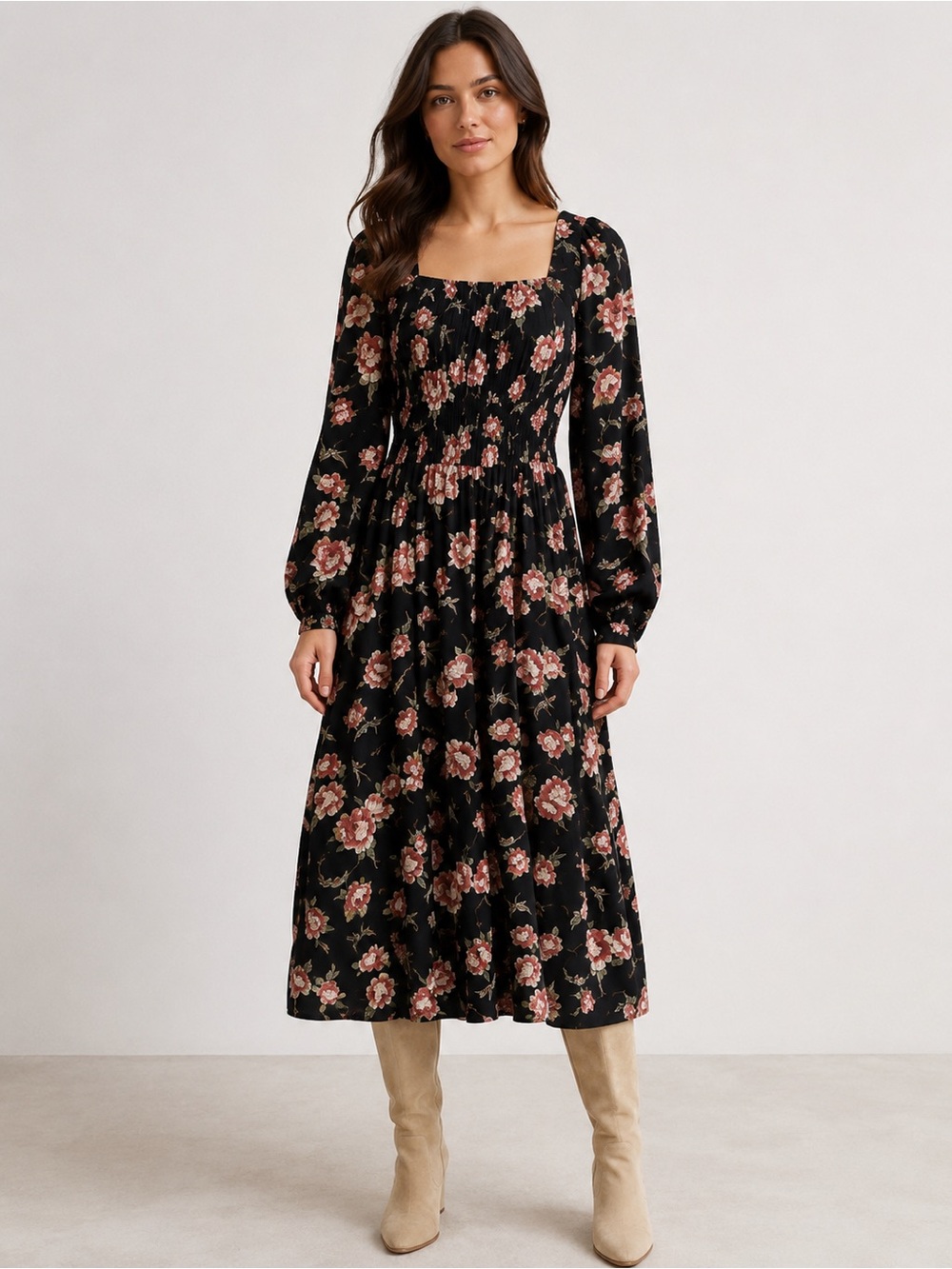 Black Floral Square-Neck Long Sleeve Midi Dress